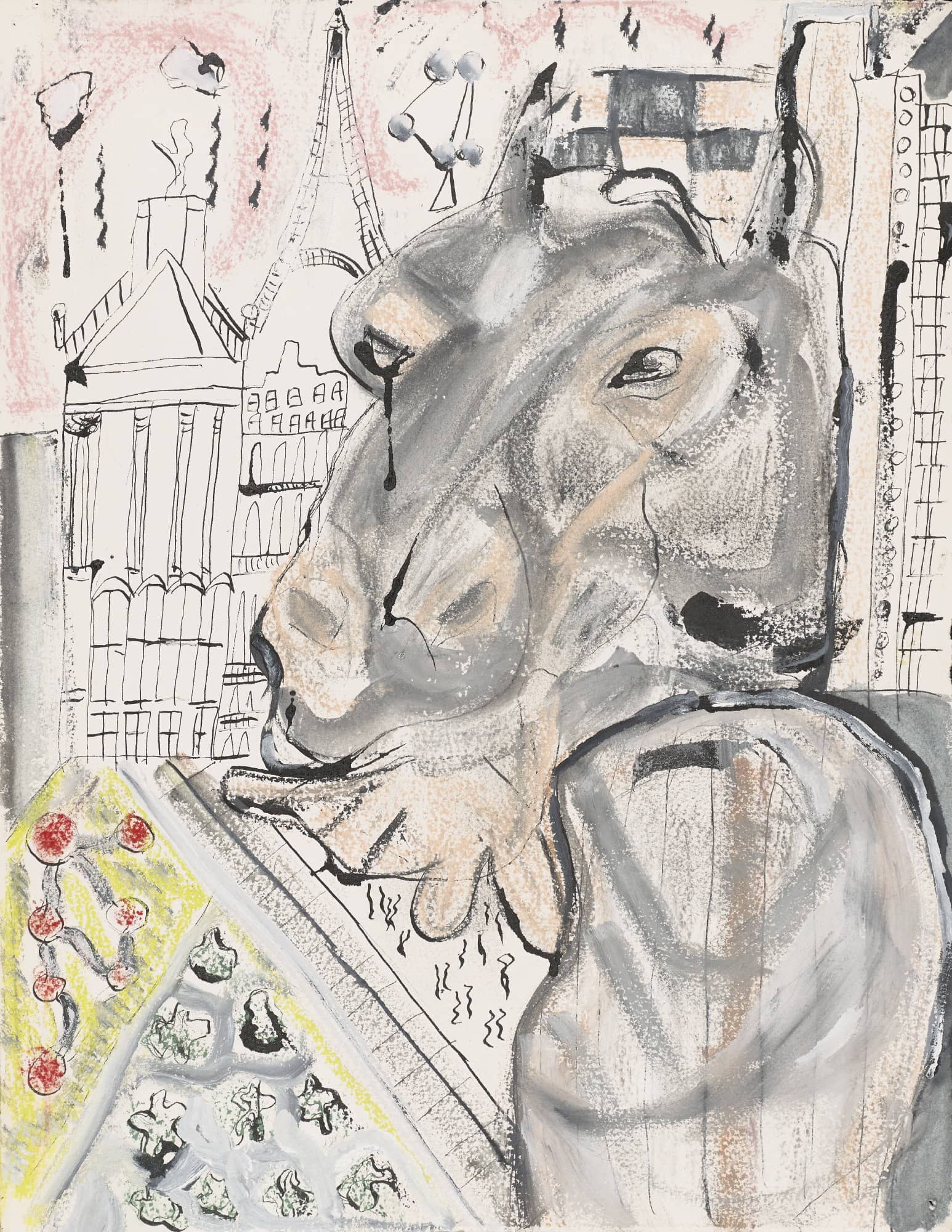 Dessin - Hippopotame à Bruxelles - Encre de chine et gouache