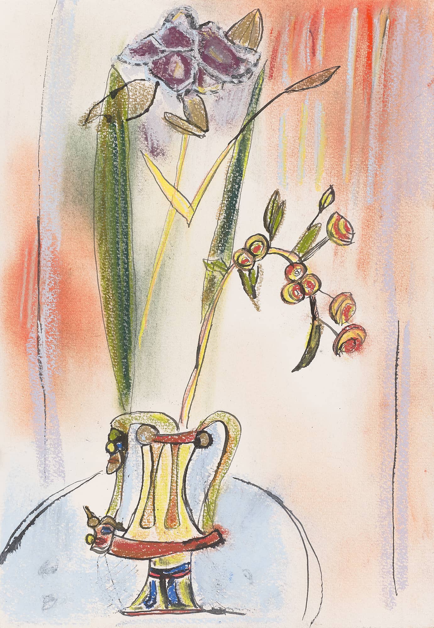 Dessin - Pot de fleurs - Encre de chine et pastel